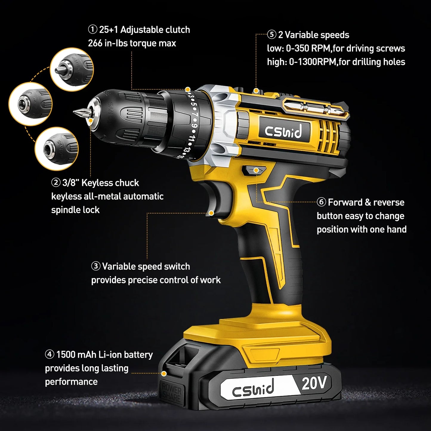 20V Cordless Power Drill Set, Drill Kit with 1 Lithium-Ion & Charger, 3/8" Keyless Chuck, Electric Drill W/ 2 Variable Speed & LED Light, 25+1 Position and 34Pcs Drill/Driver Bits(Yellow)