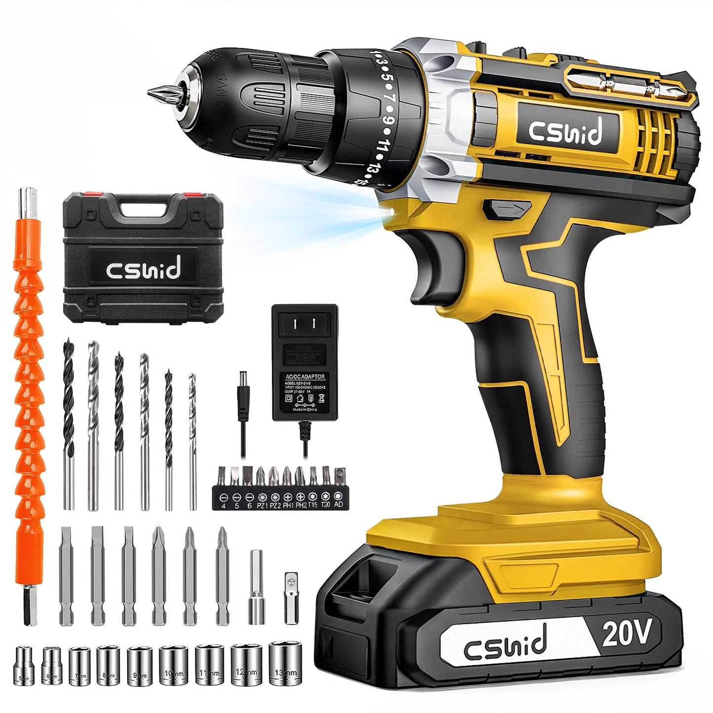 20V Cordless Power Drill Set, Drill Kit with 1 Lithium-Ion & Charger, 3/8" Keyless Chuck, Electric Drill W/ 2 Variable Speed & LED Light, 25+1 Position and 34Pcs Drill/Driver Bits(Yellow)