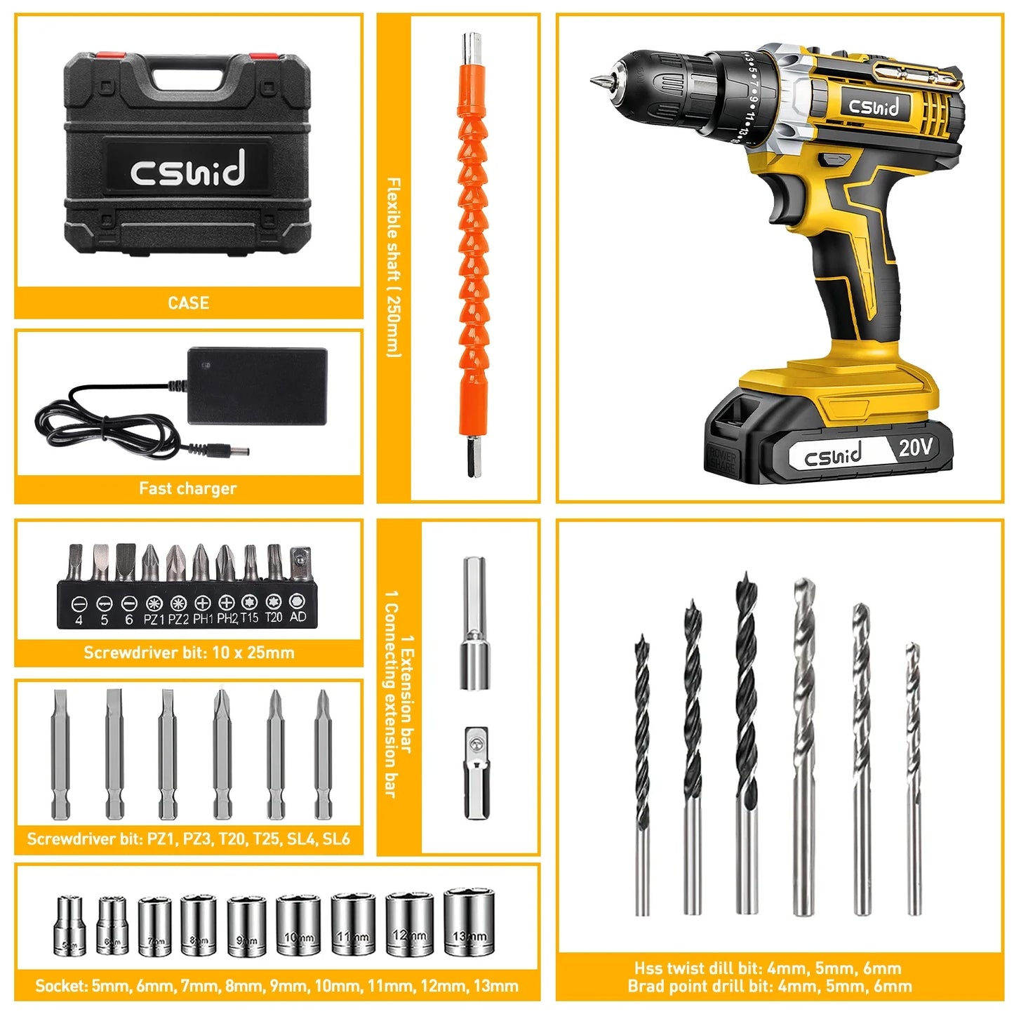 20V Cordless Power Drill Set, Drill Kit with 1 Lithium-Ion & Charger, 3/8" Keyless Chuck, Electric Drill W/ 2 Variable Speed & LED Light, 25+1 Position and 34Pcs Drill/Driver Bits(Yellow)